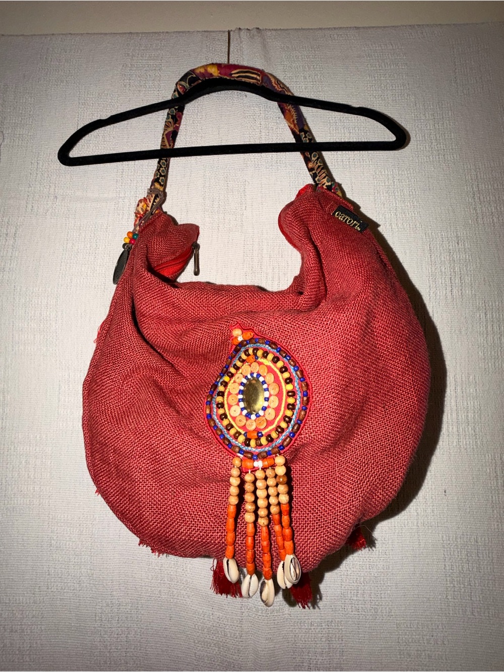 CATORI Boho Hobo Bag Red Beaded Fringe Festival Purse